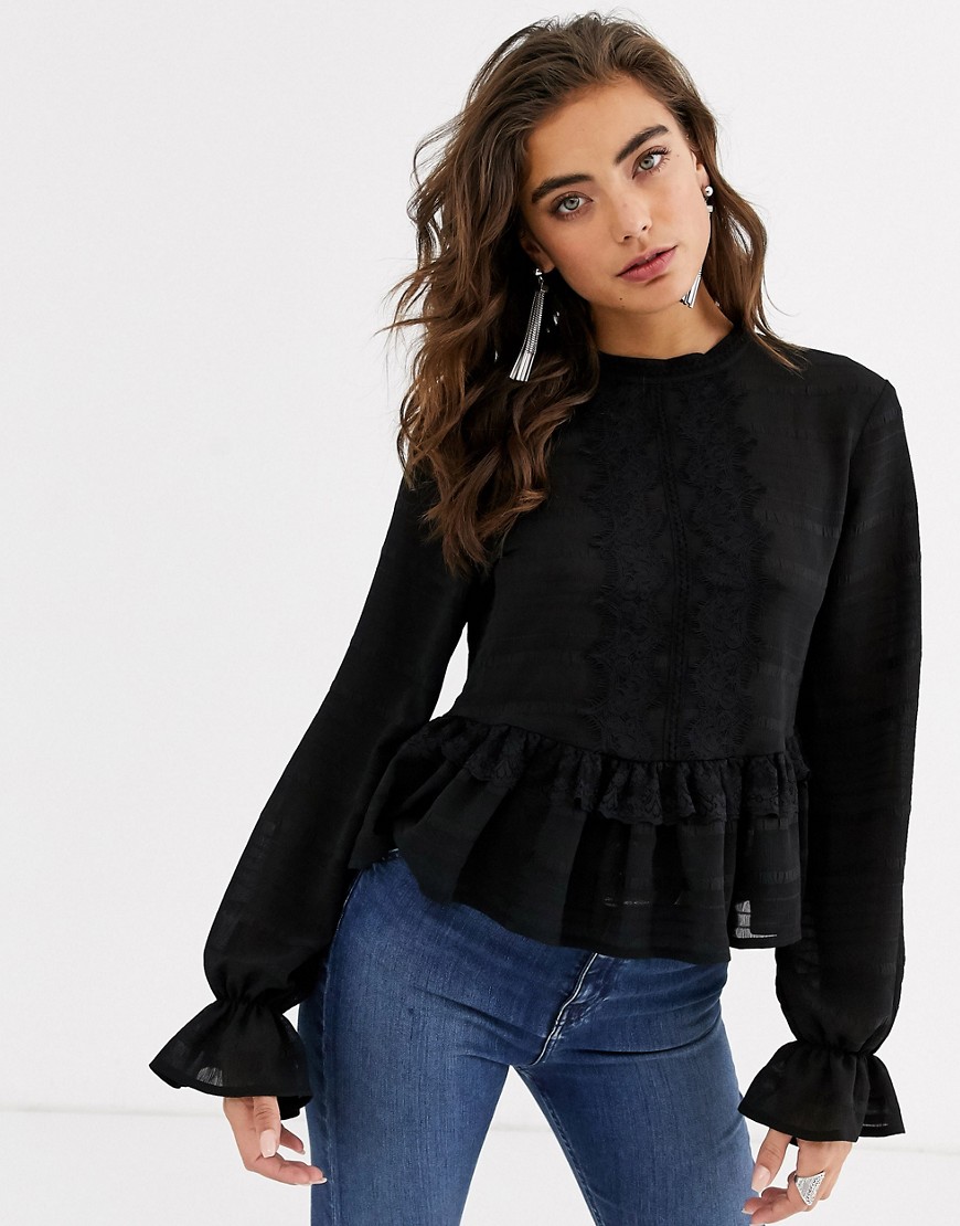 Object high neck lace detail victoriana blouse in black