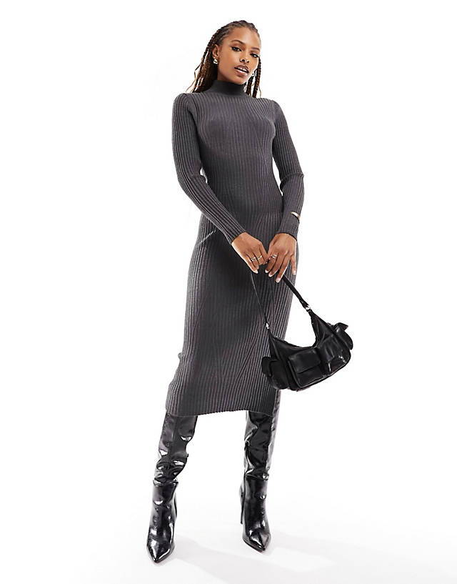 Object - high neck ribbed knit bodycon midi dress with metallic shimmer in grey
