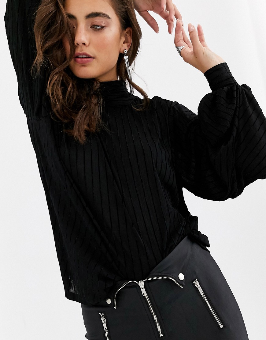 Object high neck top with volume sleeve-Black