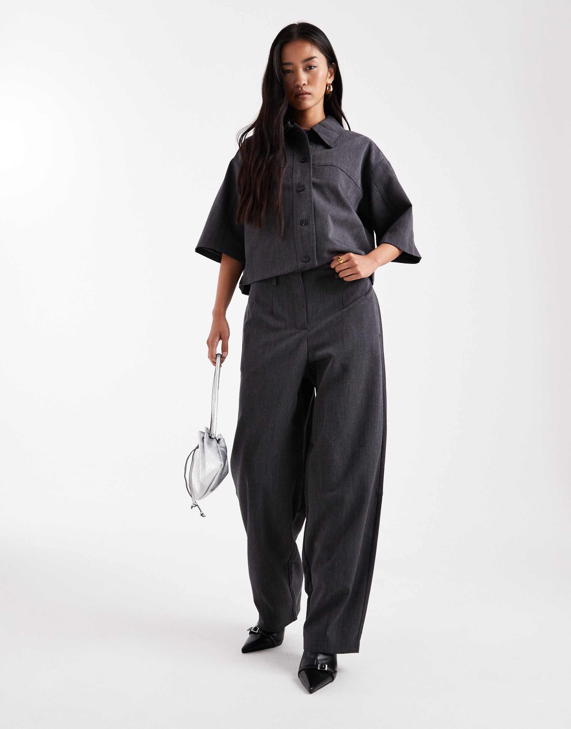 object high rise wide leg pants in dark gray melange - part of a set