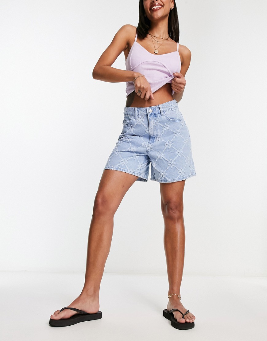Object high waisted denim shorts in textured light blue wash