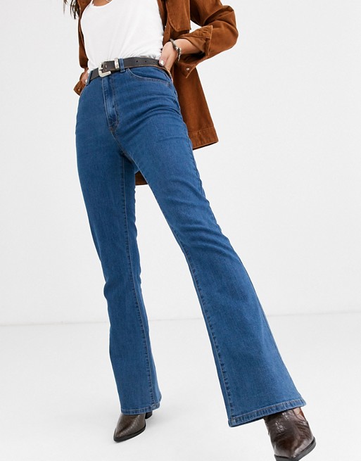 Object high waisted flared jeans in mid blue