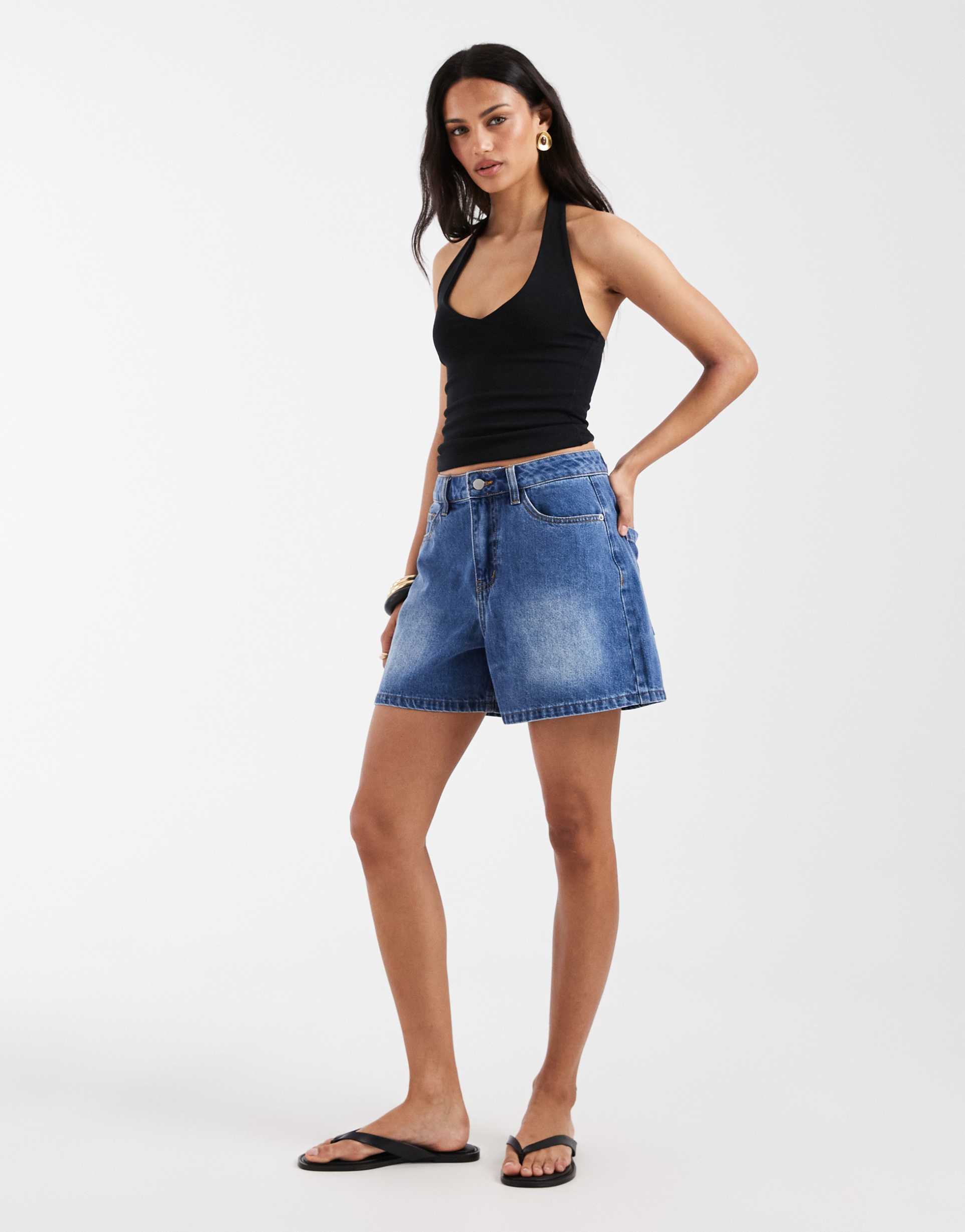object high waisted loose fit denim shorts in medium blue wash