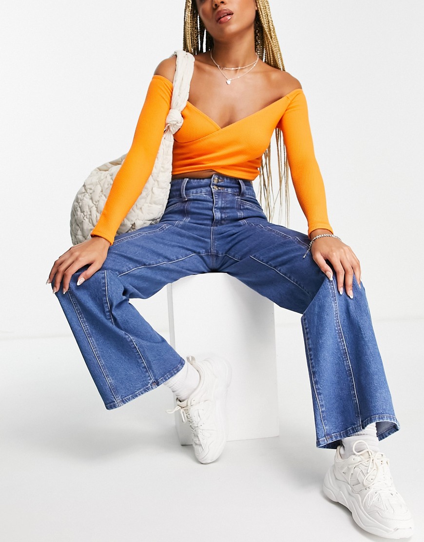 Object high waisted wide leg jeans with seam detail-Blues
