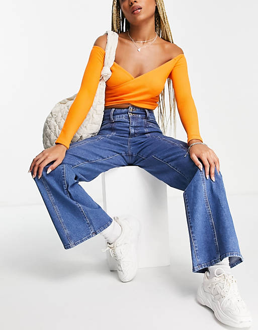Object high waisted wide leg jeans with seam detail