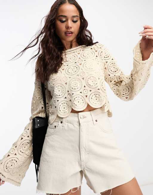 Object - Hæklet croptop med klokkeærmer i beige