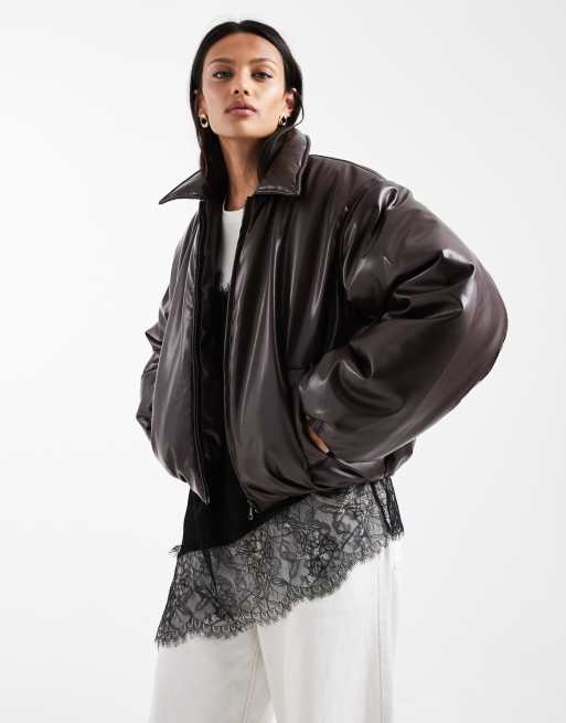 Object – Hochwertige, wattierte Kunstlederjacke in Schokobraun, 3 von 4