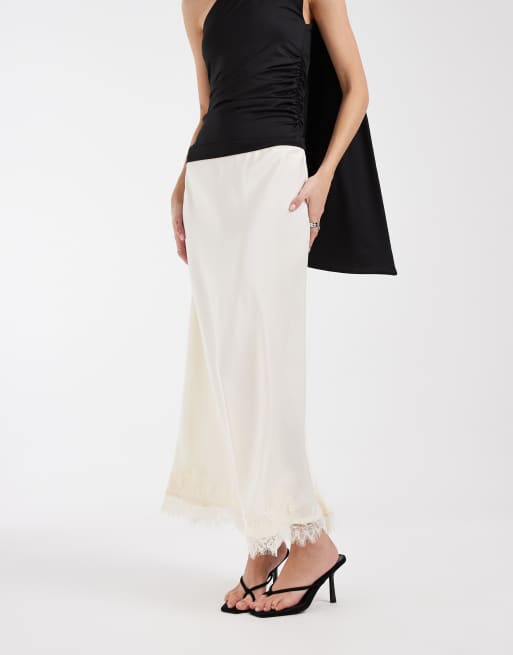 Object - Hvid maxinederdel i satin med blondekant, 3 af 5
