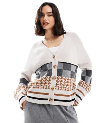 intarsia knit boxy cardigan in abstract oatmeal-White