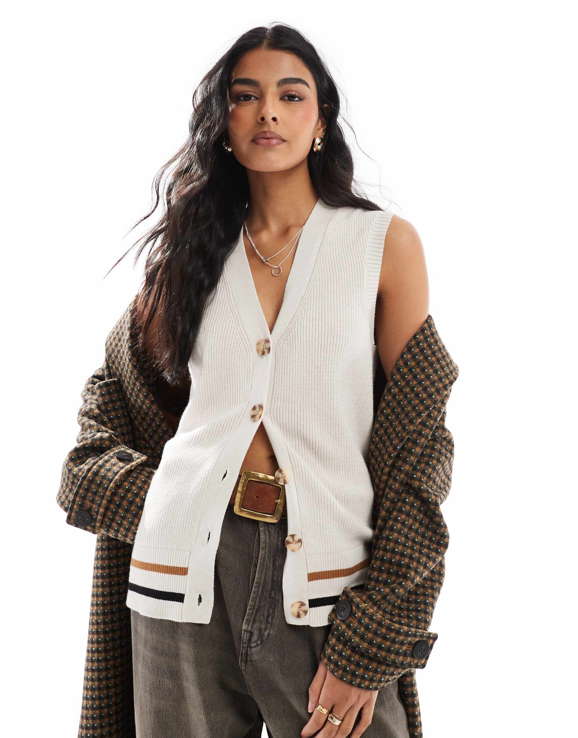 object intarsia knit longline vest in oatmeal