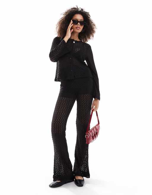 Object – Jacke aus durchbrochenem Strick in Grau mit Knopfleiste 