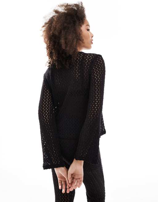 Object – Jacke aus durchbrochenem Strick in Grau mit Knopfleiste 