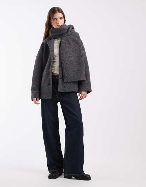 Object jacquard knit scarf jacket in dark grey melange check - view 1