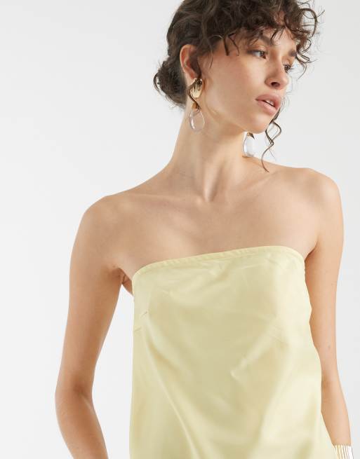 Object – Jasnożółta satynowa sukienka maxi z dekoltem bandeau, 3 z 4