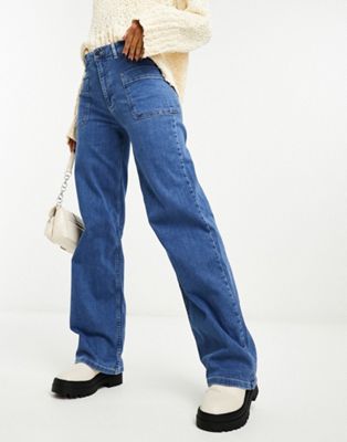 Object high waisted straight leg jeans with pocket detail in medium blue denim - ASOS Price Checker