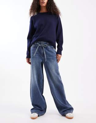 Jean large noué à la taille - Bleu moyen délavé 36-38