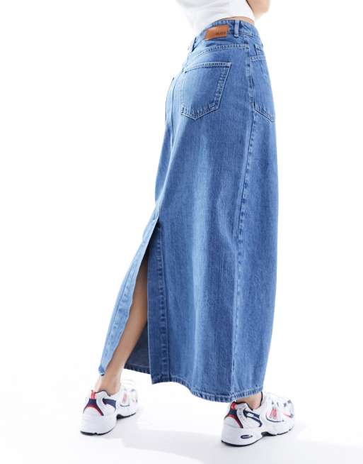 Object – Jeans-Maxirock in mittelblauer Waschung mit doppeltem Bund, 2 von 5
