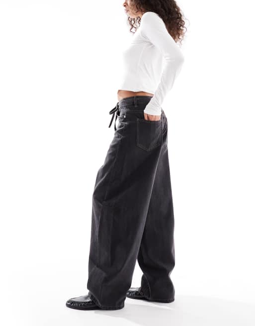 Object - Jeans super bombati premium neri con allacciatura in vita, 2 di 5