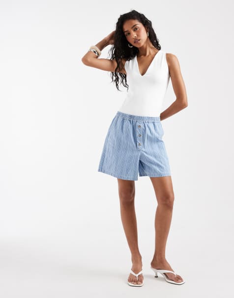 Object – Jeansshorts im Boxer-Stil mit hellblauem Streifenmuster - view 1