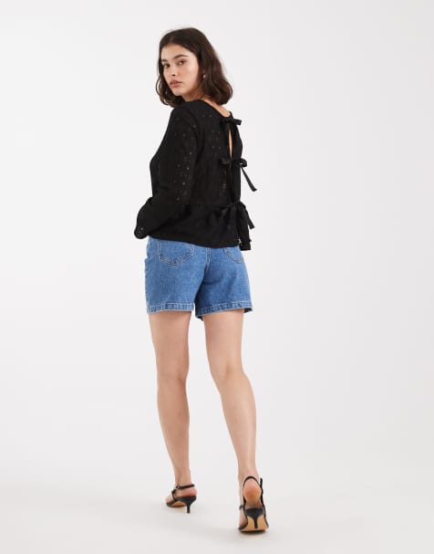Object jersey lace peplum hem top with bow tie back detail in black - view 1