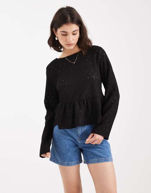 Object jersey lace peplum hem top with bow tie back detail in black