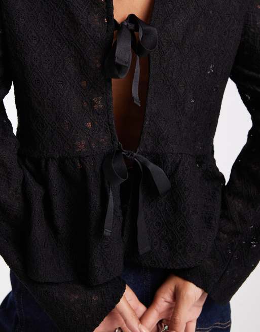 Object jersey lace peplum hem top with bow tie back detail in black, 3 of 4