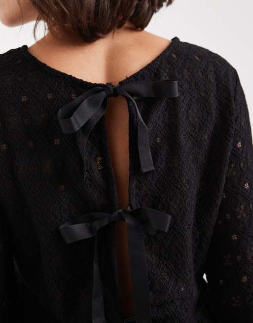 Object jersey lace peplum hem top with bow tie back detail in black