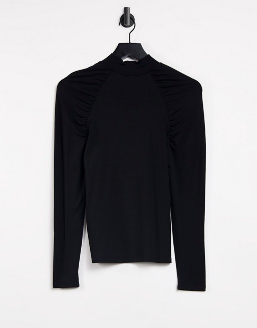 Object jersey roll neck top with shoulder detail in black