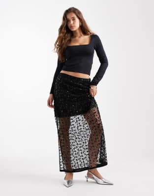 Jupe mi-longue avec fleurs ornées de sequins - Noir 38-40