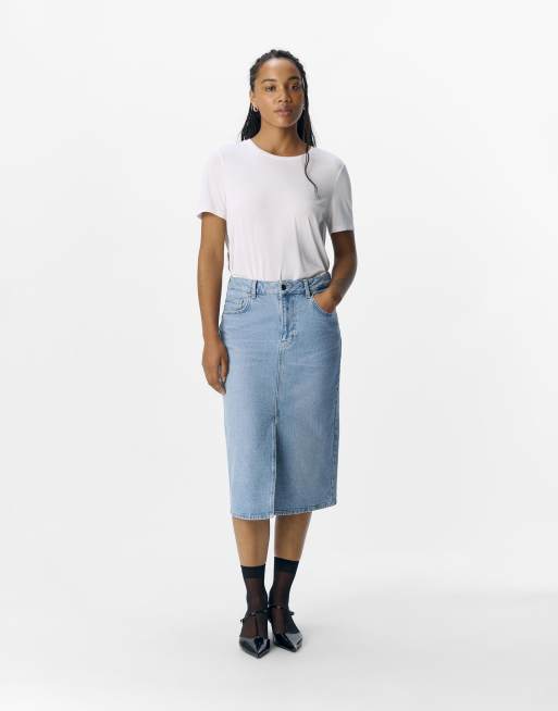 Object - Jupe mi-longue en jean - Bleu moyen