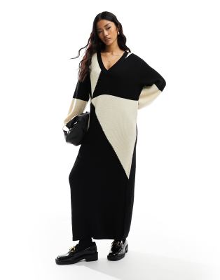 Object - Kaleidoscope - Pulloverkleid aus Strick mit monochromem Muster und V-Ausschnitt-Schwarz