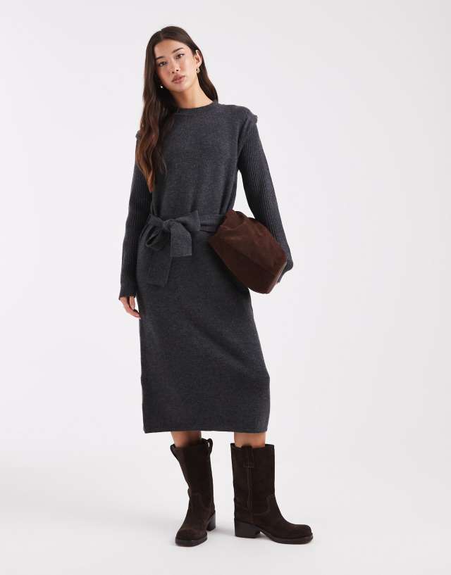 object knit dress belted midi with folded shoulder detailing in dark heather gray T3
