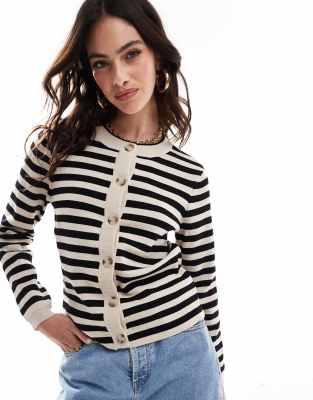 knit button cardigan in cream and black stripe-White