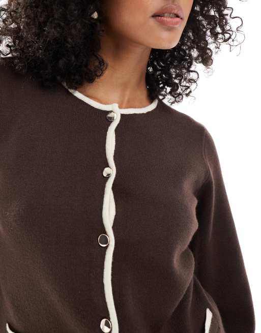 Object knit cardigan with contrast binding details in brown and cream - part of a set, 2 of 4