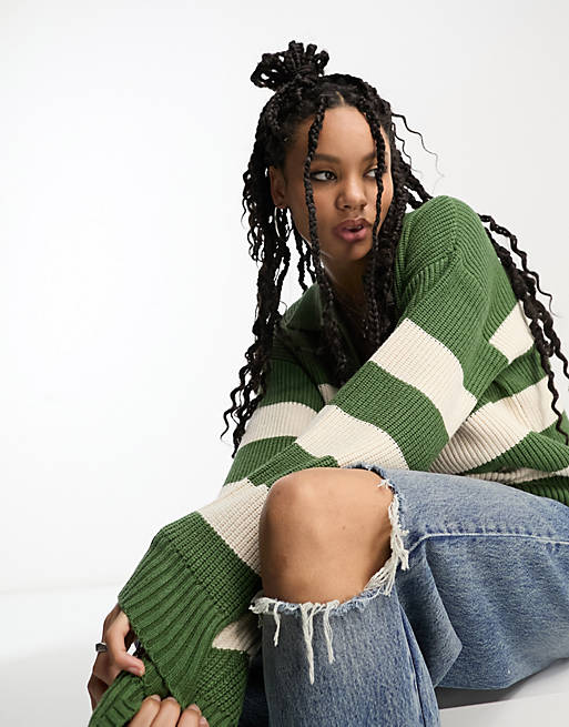 Object knit chunky stripe sweater in green | ASOS