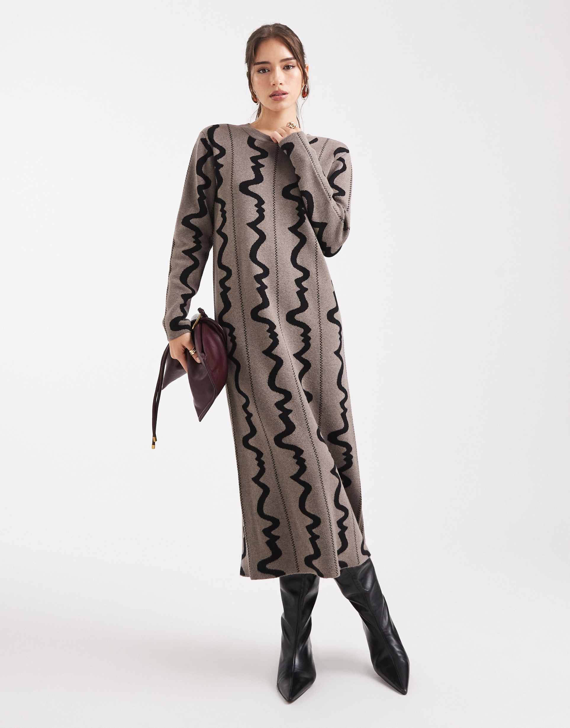 object knit midi dress in chocolate abstract print