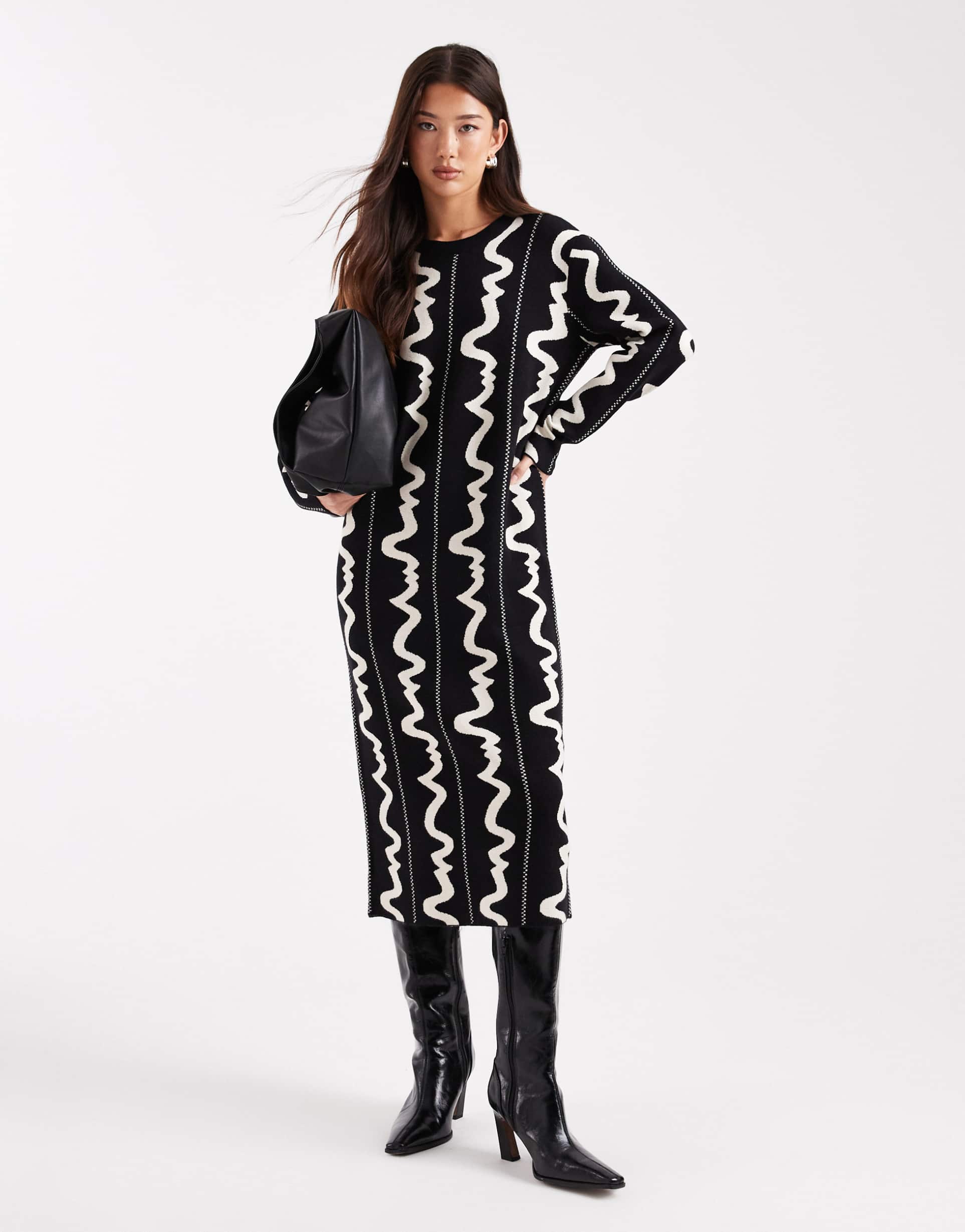 object knit midi dress in mono abstract print