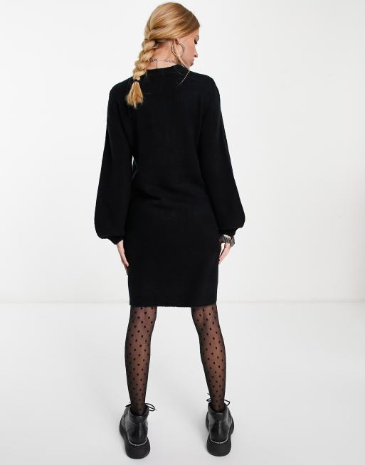 Object knit sweater dress with balloon sleeve in black