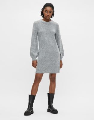 Gray Mini Dress - Crew Neck Sweater Dress - Ribbed Knit Heather Gray Dress