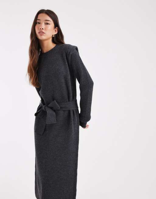 Object knitted belted midi dress with folded shoulder detail in dark grey melange, 3 of 4