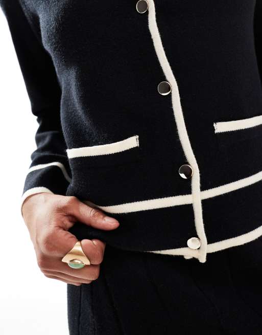 Object knitted cardigan with contrast binding details in black and cream (part of a set), 2 of 4