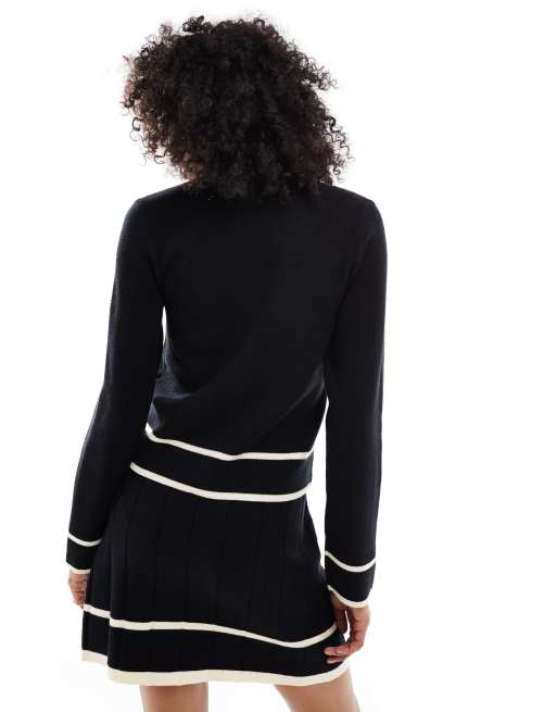 Object knitted cardigan with contrast binding details in black and cream (part of a set), 4 of 4