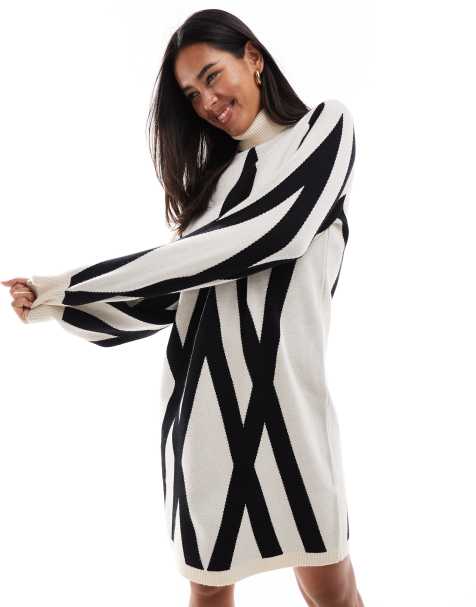 Object knitted jumper dress with high neck in cream mono print - view 1