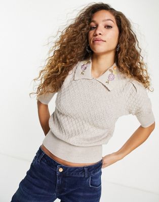 Object knitted jumper with embroidered collar in grey