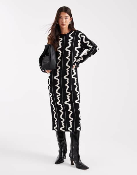 Object knitted midi dress in mono abstract print - view 1