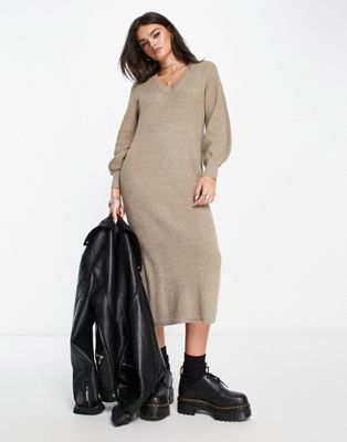 Object knitted midi jumper dress with balloon sleeves in taupe