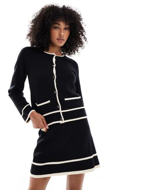 Object knitted mini skirt co-ord with contrast binding details in black and cream, 2 of 5