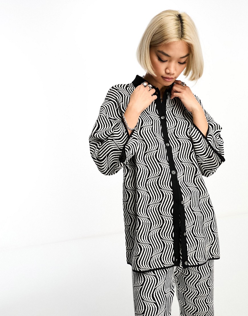 Object knitted oversized shirt co-ord in retro mono swirl-Black