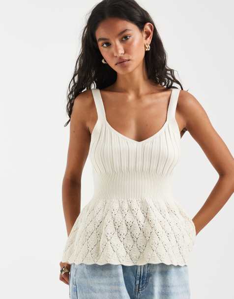 Object knitted peplum hem cami top with pointelle detail in cream