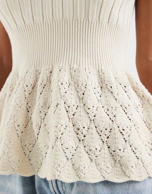 Object knitted peplum hem cami top with pointelle detail in cream, 2 of 4